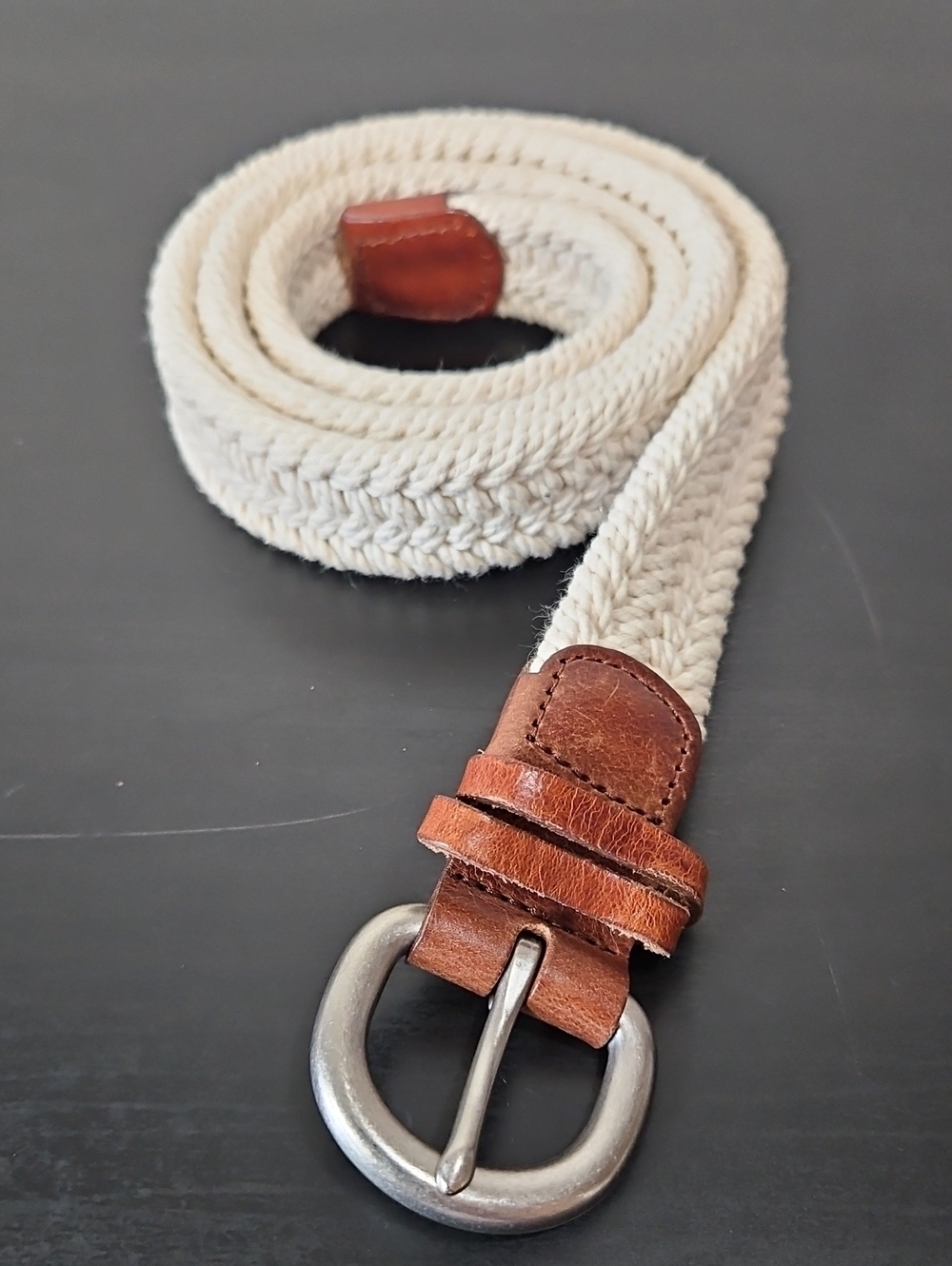 J.Crew Women’s Woven Stretch Belt – Cream with Brown Leather, Size XS/S